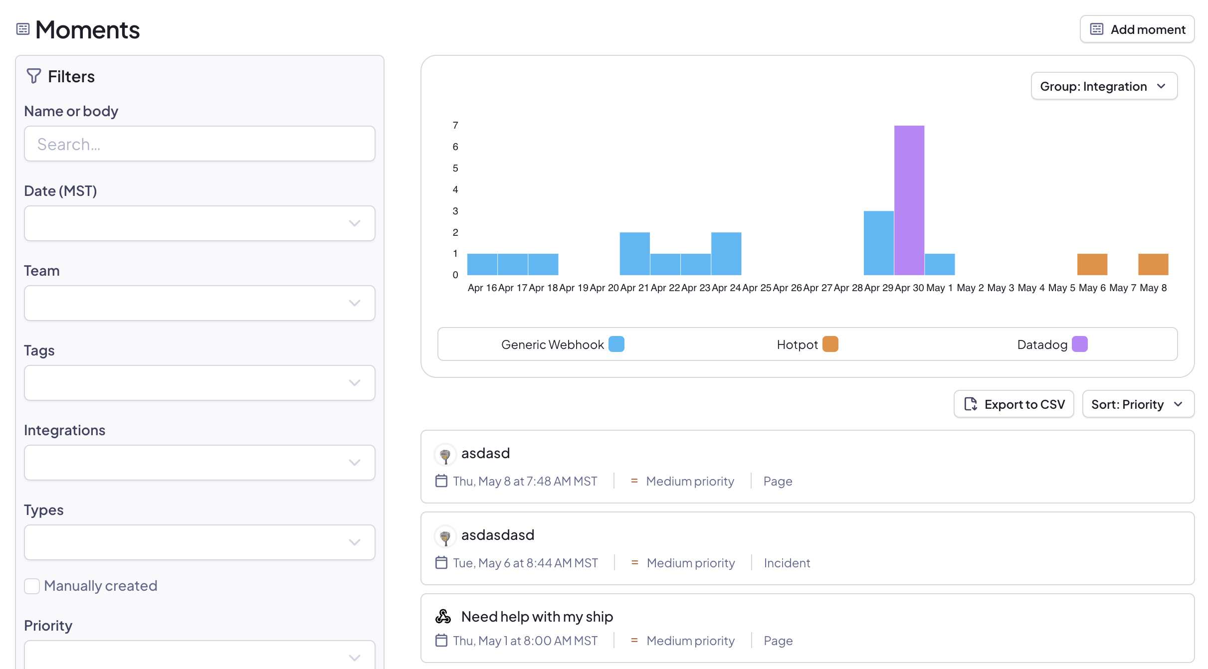 Groupable moment visualization